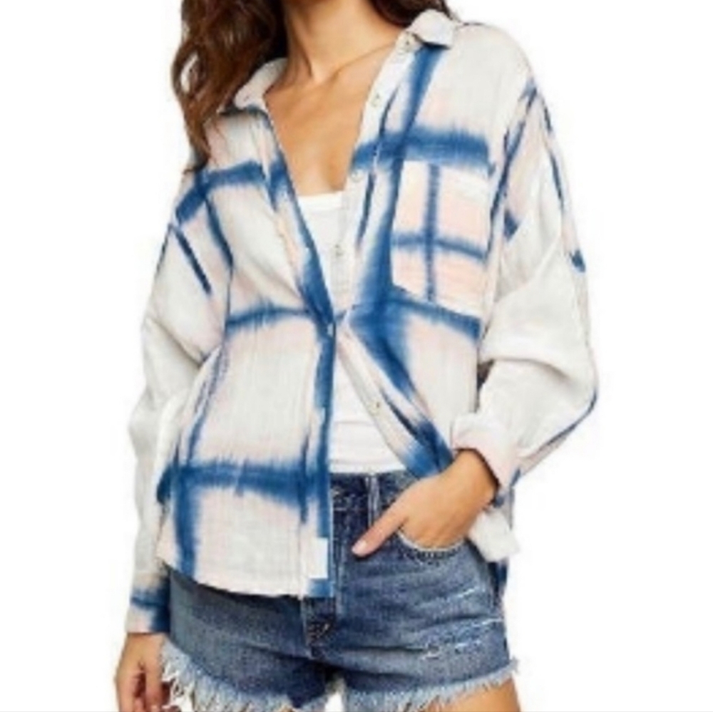 We The Free Washed Away Plaid Button-Up Ocean Combo Top S